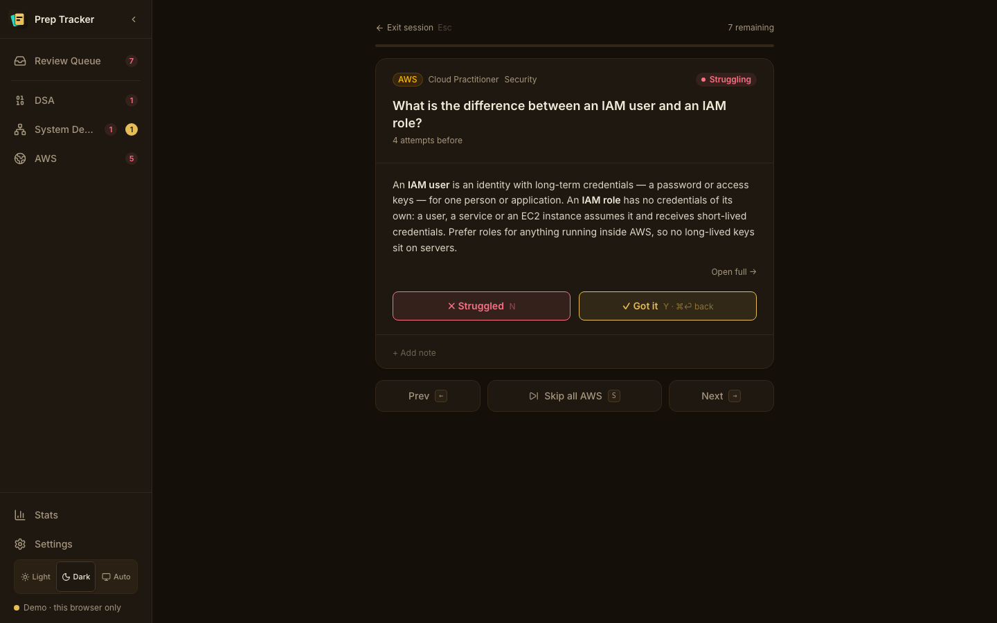 A review session: a System Design question with its answer revealed and Got it / Struggled buttons